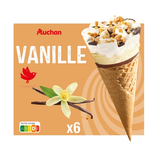 AUCHAN Conos de helado de vainilla con salsa de chocolate 6 x 120 ml. Producto Alcampo