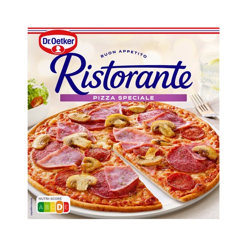 DR. OETKER Pizza de masa fina y crujiente cubierta de queso, salami, champiñón y jamón cocido Ristorante 345 g.