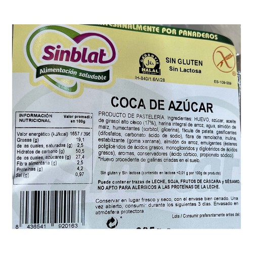 SINBLAT Coca de azúcar sin gluten SINBLAT, 335 g.