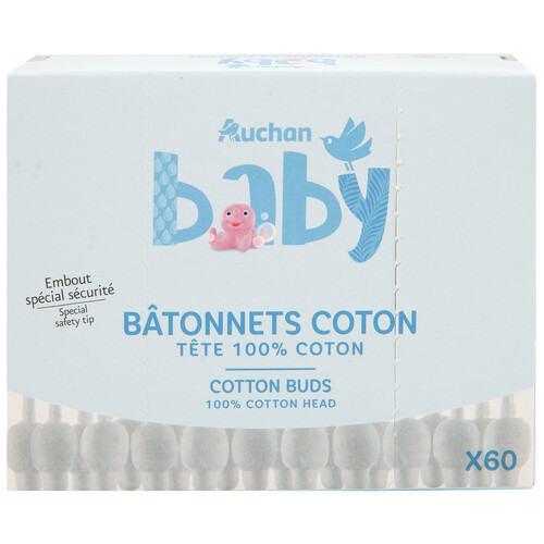 PRODUCTO ALCAMPO Baby Bastoncillos de algodón con palo de papel y punta especial de seguridad 60 uds.