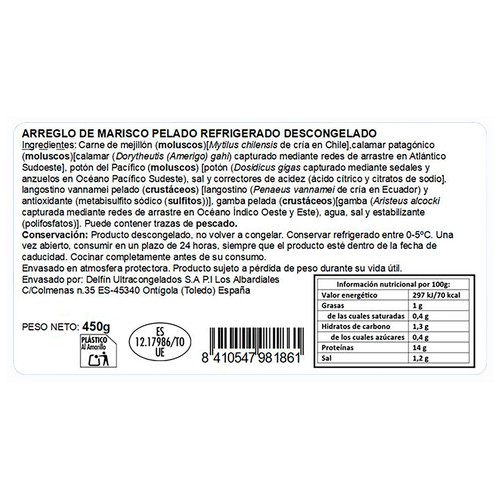 DELFÍN Arreglo de mariscos pelados para paella, 450 g.