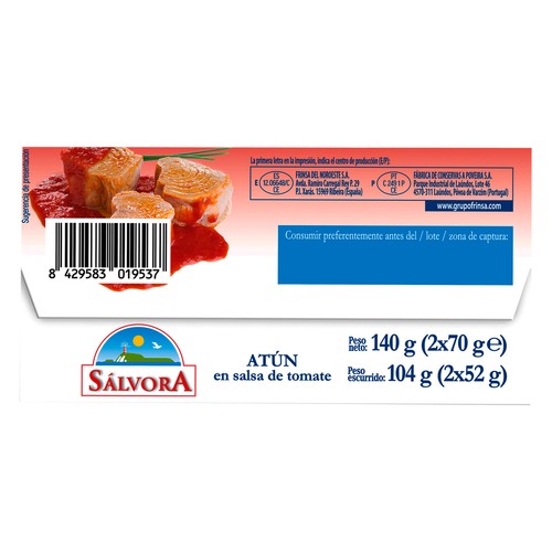 SÁLVORA Atún en salsa de tomate latas 2 x 52 g.