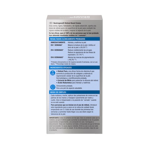 NEUTRÓGENA Retinol boost Crema facial hidratante anti-edad, con retinol puro y ácido Hialurónico 50 ml.