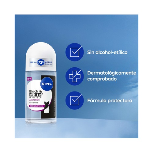 NIVEA Black & white invisible authentic Desodorante roll on para mujer, antitranspirante 72 horas 50 ml.