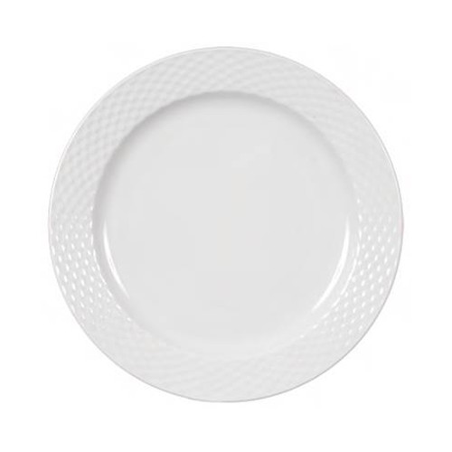 Plato llano de cerámica color blanco con filo diseño trenzado, 27 centímetros de diámetro EFG.