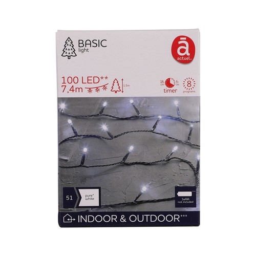 Guirnalda exterior, a pilas,  con 100 luces led blanco puro, 8 funciones, ACTUEL