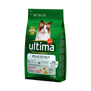 ULTIMA Pienso para gatos de pollo, arroz y cereales para control de bolas de pelo bolsa 1,5 kg.