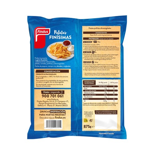 FINDUS Finísimas Patatas prefritas ultracongeladas, aptas para airfryer 875 g.