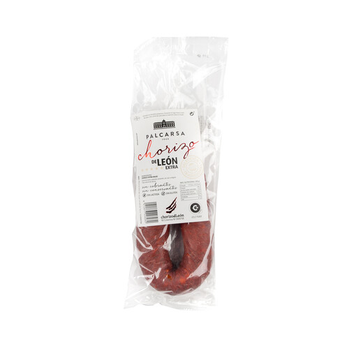 Sarta de chorizo de León dulce, de categoría extra y sin colorantes, ni conservantes, ni gluten ni lactosa PALCARSA 450 g.