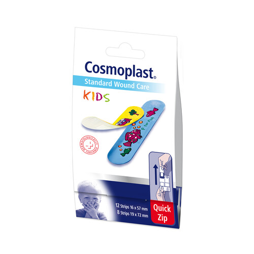 Apósitos de 2 tamaños diferentes con simpáticos y divertidos dibujitos COSMOPLAST Kids 20 uds.