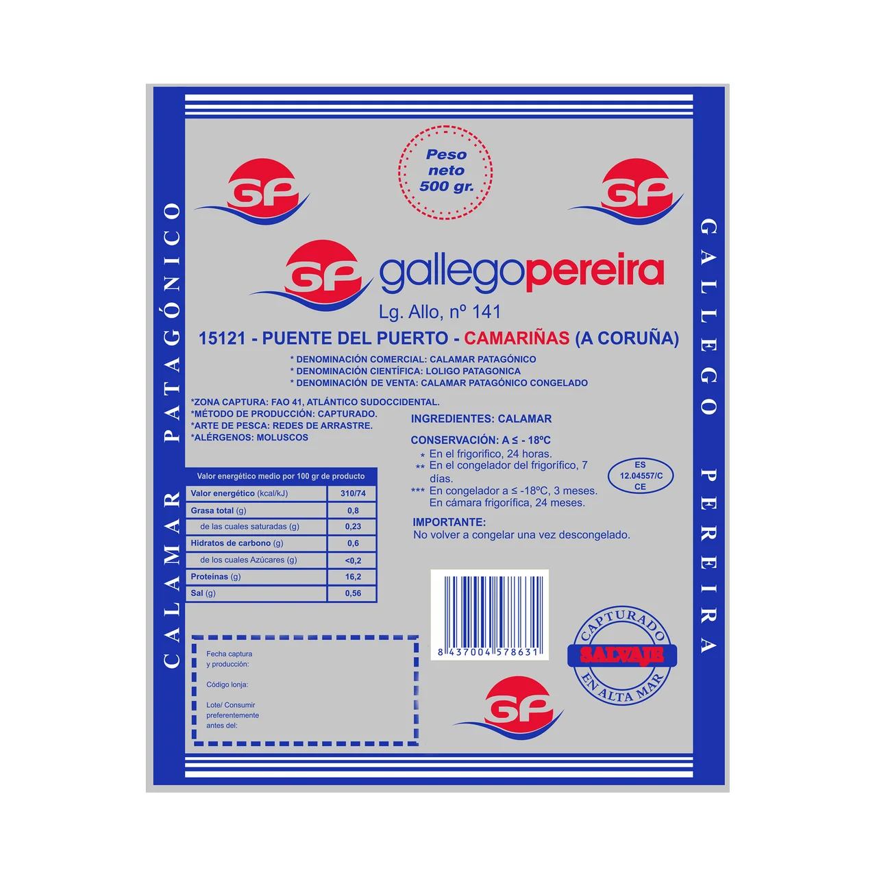 GALLEGO PEREIRA Calamar patagónico (12 - 14 cm) entero congelado y envasado al vacio sin agua ni aditivos GALLEGO PEREIRA 500 g.