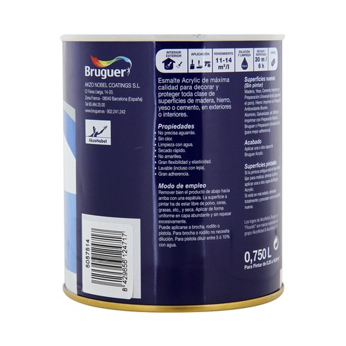 Esmalte decorativo acrílico de color marrón tabaco y acabado brillante BRUGUER 0,75 litros 1 unidad.