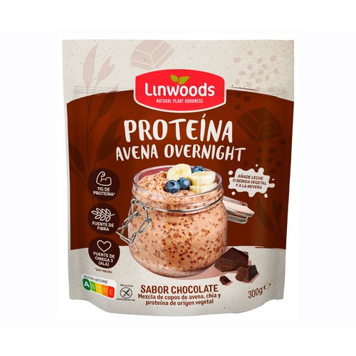 LINWOODS Avena sin gluten overnight proteína chocolate 300 g.
