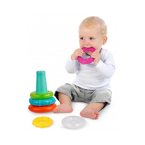 Pirámide de aros apilables con diferentes colores y texturas, PLAYGRO.