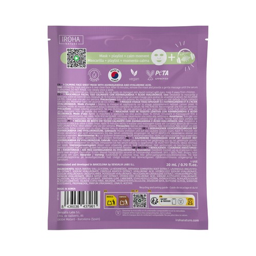 IROHA NATURE Minful ritual Mascarilla facial calmante con Ashwagandha y ácido Hialurónico.