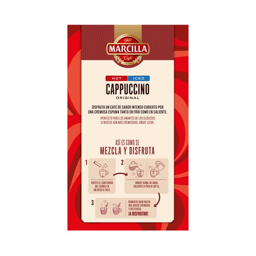 MARCILLA Café soluble cappuccino para tomar caliente o frío 8 x 17.8 g.