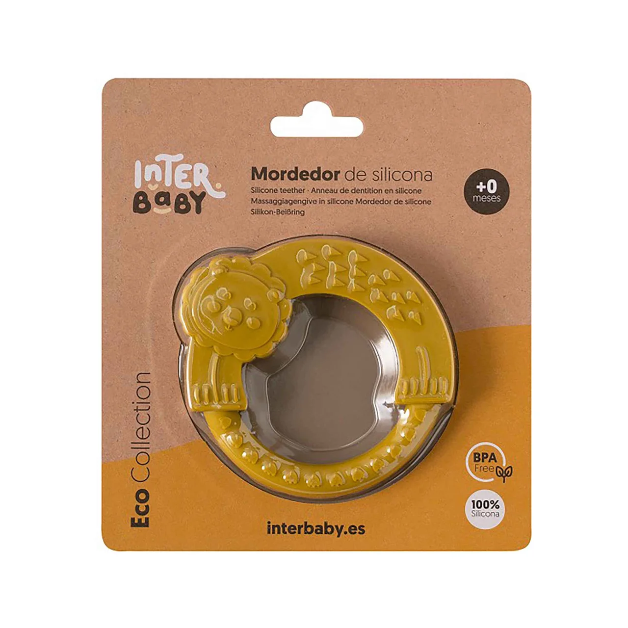 Mordedor de silicona para bebés, color mostaza, con forma de león