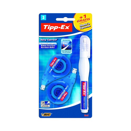 2 cintas correctoras de 12 m y 4.2mm + 1 corrector en formato bolígrafo TIPP-EX Shake´n´squeeze.