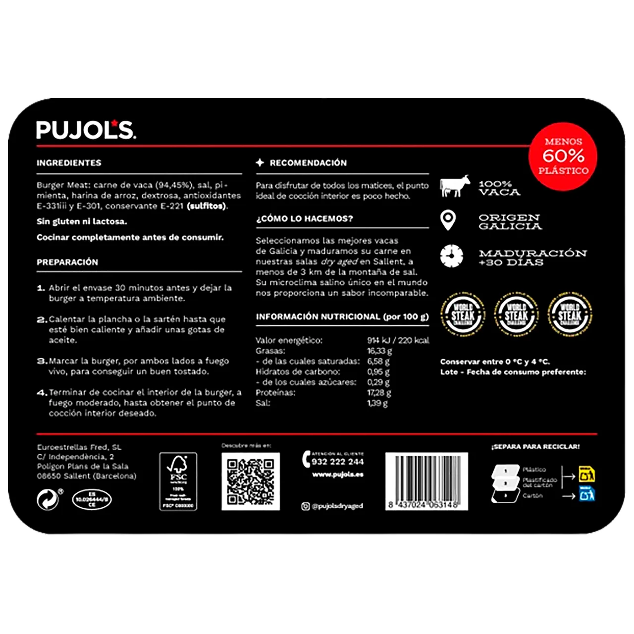 PUJOL´S Burger meat de vaca gallega madurada (+ 30 días) 2 x 150 g.