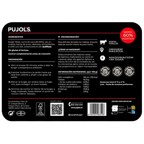 PUJOL´S Burger meat de vaca gallega madurada (+ 30 días) 2 x 150 g.