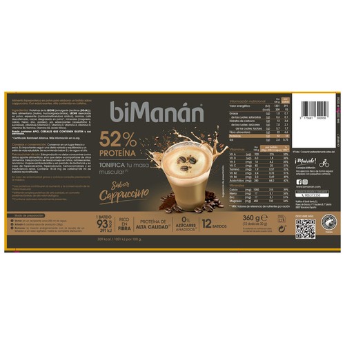 BIMANÁN Batido de proteína con sabor a cappuccino 360 g.