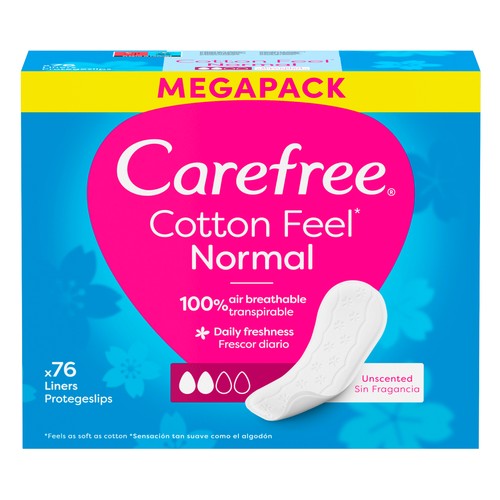 CAREFREE Cotton fell Salvaslips normales, sin fragancia, para todo tipo de bragitas 76 uds.