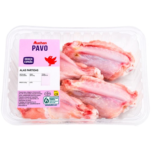 AUCHAN Alas partidas sin punta de pavo, bandeja Producto Alcampo.