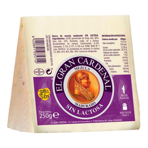 Imagen de Queso mezcla sin lactosa EL GRAN CARDENAL 250 g.