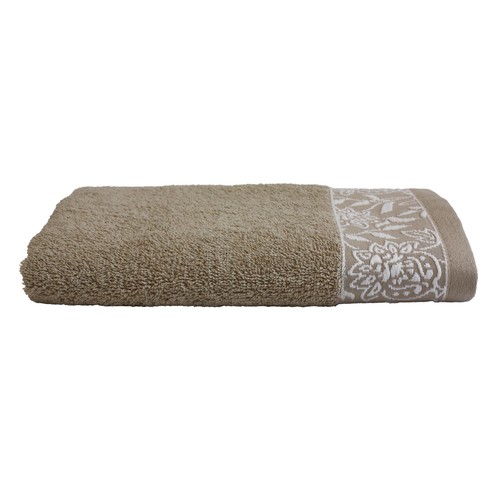 Toalla tocador de 450 gm, diseño cenefa jacquard, color verde caqui, ALMEIDA.