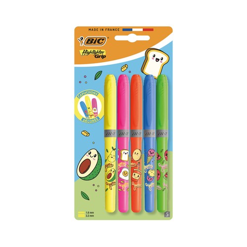 5 marcadores fluorescentes, diseño de dibujos, BIC.