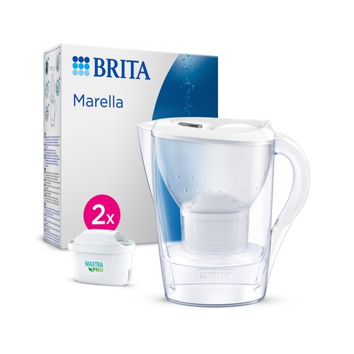 BRITA Jarra con filtro de agua Marella blanca (2,4 l) incl. 2x cartuchos MAXTRA PRO All-in-1: jarra apta para frigorífico con  digital y tapa abatible.