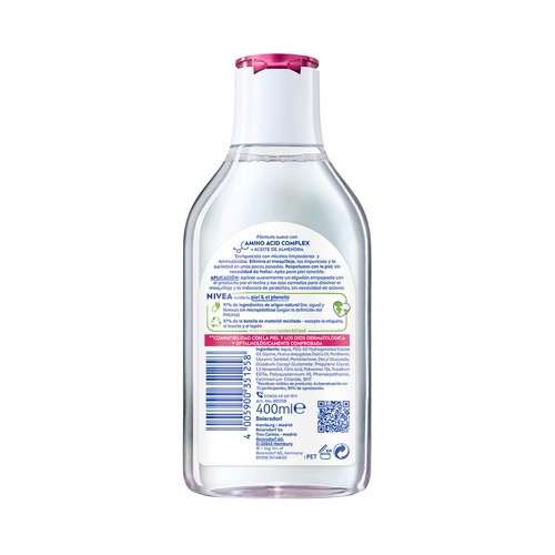 NIVEA Micell air Agua micelar desmaquilladora de rostro y ojos, para pieles secas y sensibles 400 ml.