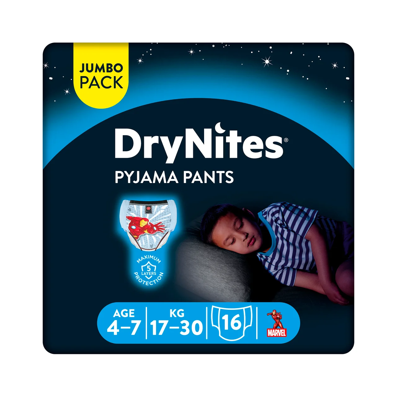 DRYNITES Pañales de noche talla 7 (calzoncillos absorbentes), para niños de 17 a 30 kilogramos y de 4 a 7 años DRYNITES Pijama pants 16 uds.
