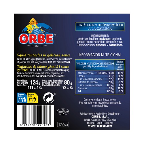 ORBE Tentáculos de potón del Pacífico a la gallega 72 g.