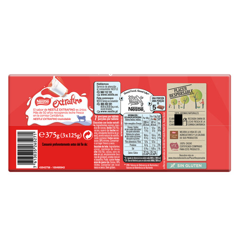 NESTLÉ Chocolate con leche NESTLÉ EXTRAFINO 3 uds. de 125 g.