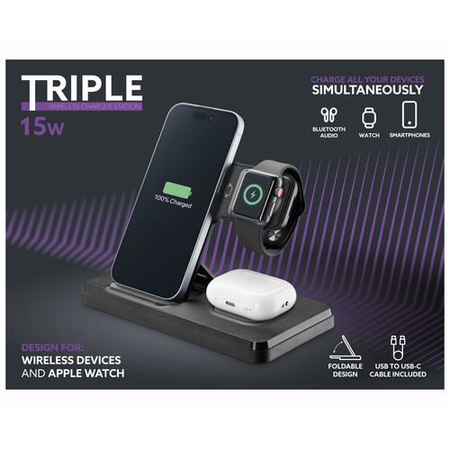 Base de carga CELLULARLINE WIRESTAND3IN1FBK 3 en 1, 15W smartphone, 5W auriculares