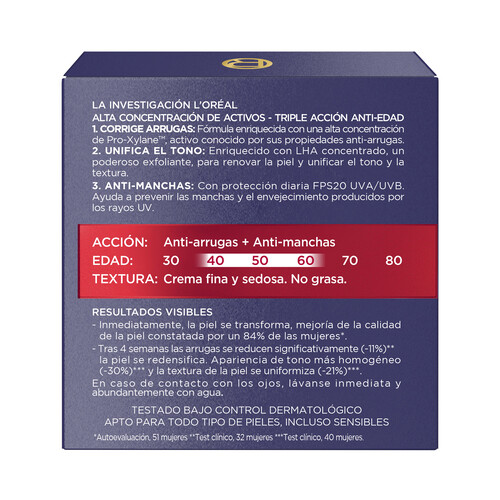 L´ORÉAL PARIS Crema de día anti-edad y renovadora con SPF 20 y Proxylane L'ORÉAL PARIS Revitalift laser 50 ml.