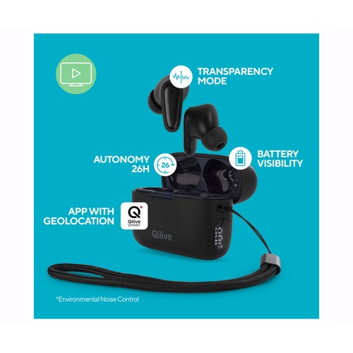 Auriculares Inalámbricos Bluetooth QILIVE Q.1225, color negro, estuche cargador, 6h de autonomía