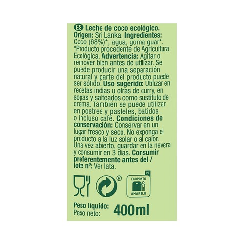 ORIGENS Leche de coco Bio ORIGENS 400 ml.