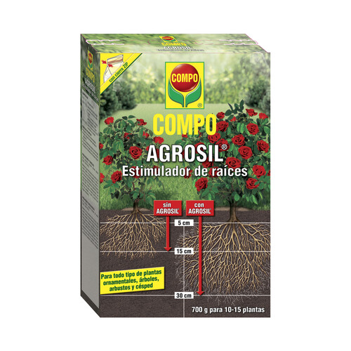 Caja de 700 gramos con estimulador para el crecimiento de las raices COMPO Agrosil.