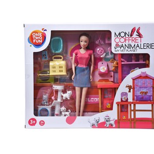 Clínica de mascotas con muñeca y accesorios, ONE TWO FUN ALCAMPO.
