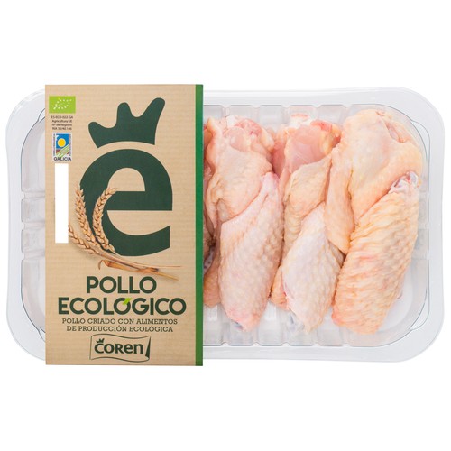 COREN Bandeja de alitas de pollo ecológicas sin punta y con piel.