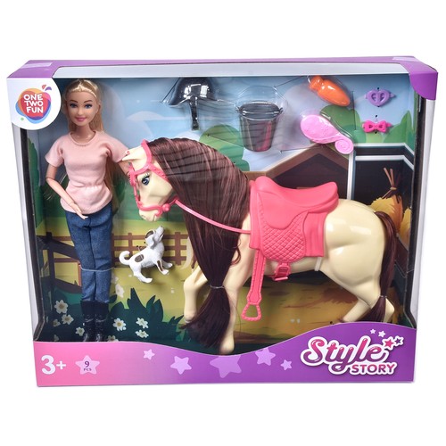 Conjunto Style Story Muñeca y Caballo con accesorios, 9 Piezas +3 Años ONE, TWO FUN