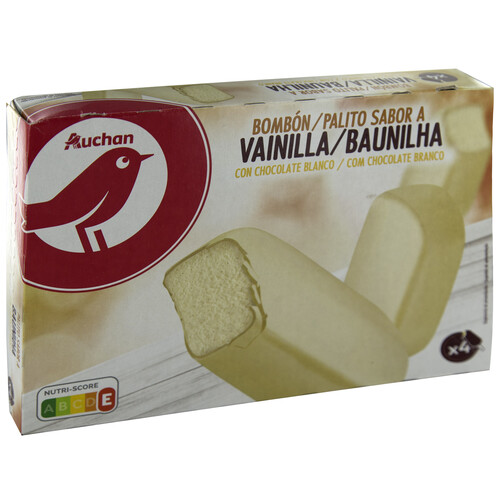 AUCHAN Bombón helado gigante de vainilla con cobertura de chocolate blanco 4 x 120 ml. Producto Alcampo