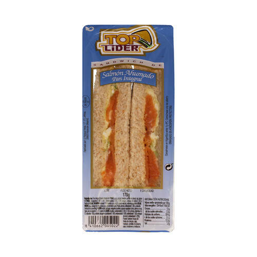 Sandwich de pan integral con Salmón ahumado, huevo cocido y lechuga TOP LIDER 170 g.