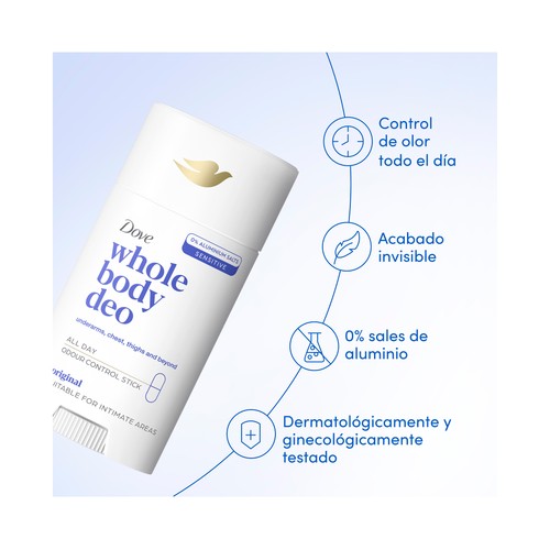 DOVE All over body original Desodorante en stick (barra) unisex para todo el cuerpo (axilas, pecho, muslos, pies..) 150 ml.