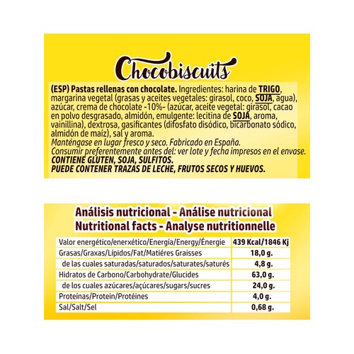 BISCUITS GALICIA Chocobiscuits Pastas rellenas de chocolate 235 g.