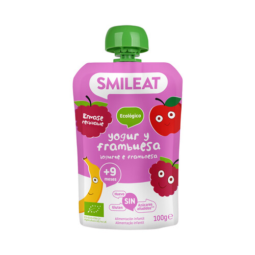 SMILEAT Bolsita de yogur y frambuesa ecológica, a partir de 9 meses 100 g.