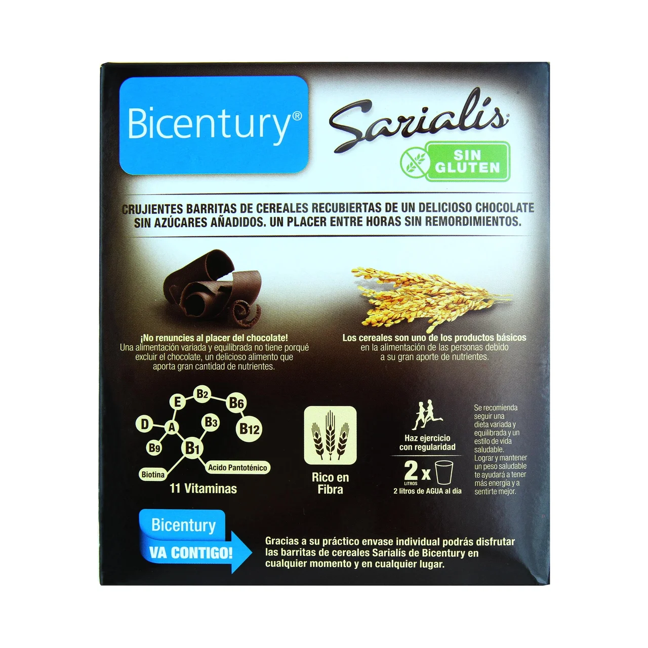 BICENTURY Barritas de cereales bañadas en chocolate negro. Sin gluten SARIALÍS de BIOCENTURY 100 g.