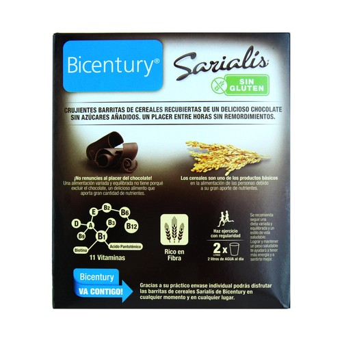 BICENTURY Barritas de cereales bañadas en chocolate negro. Sin gluten SARIALÍS de BIOCENTURY 100 g.